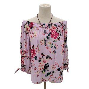 Express Womens Floral Off The Shoulder Short Sleeve Blouse Top Sz S‎ Purple Boho